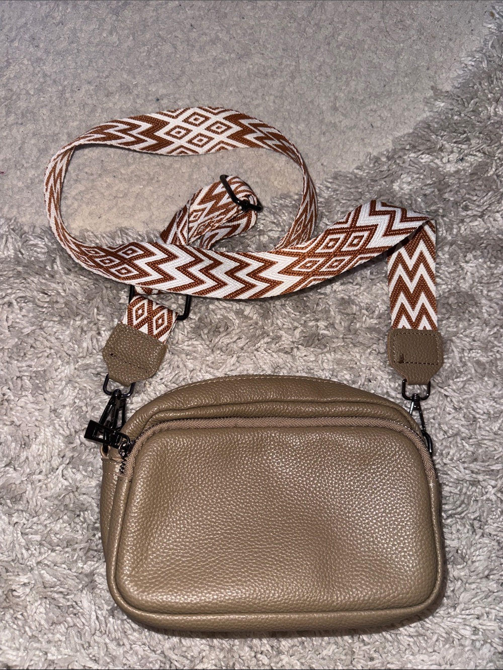 Tan Leather Crossbody with Patterned Strap